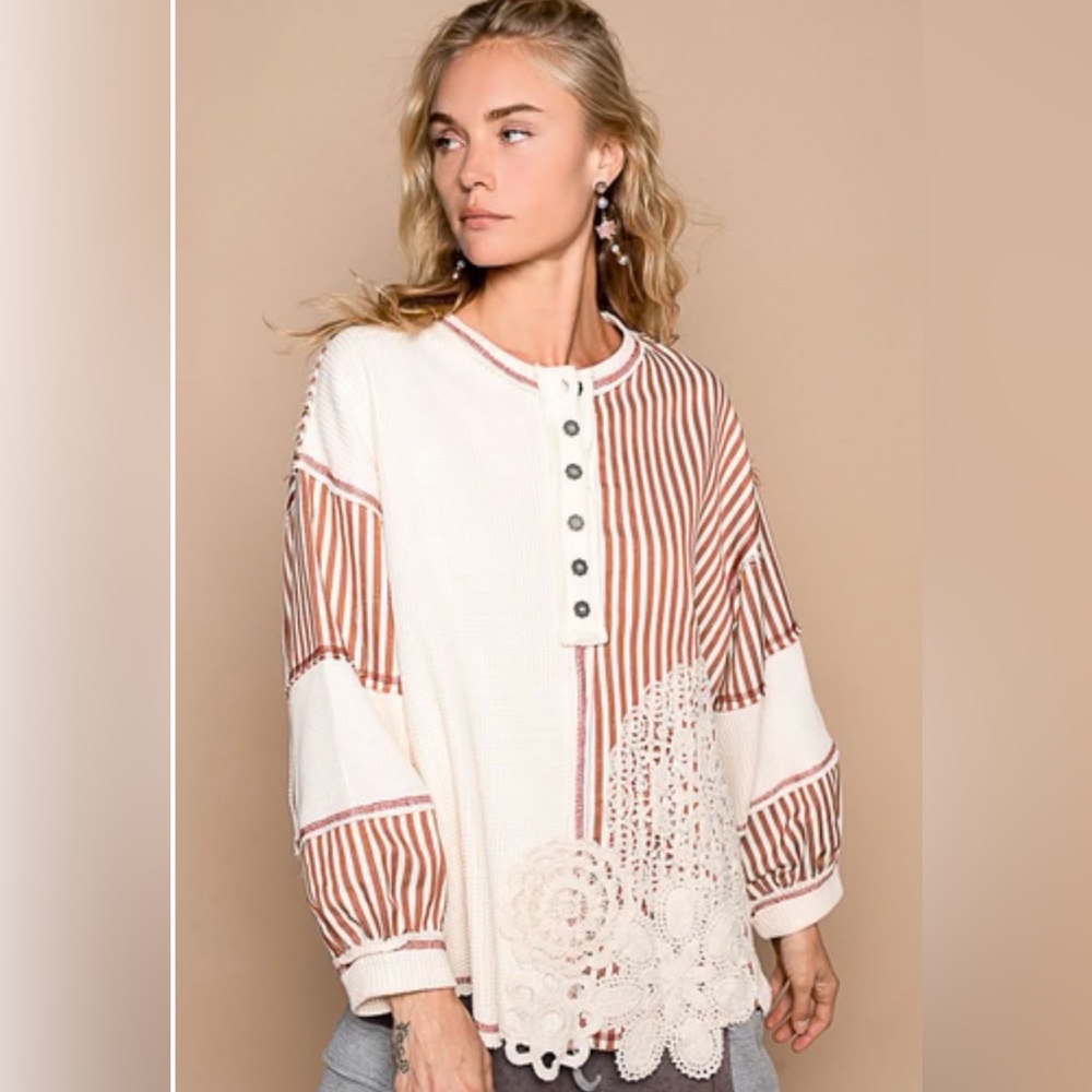 POL Oversized Thermal Woven Patchwork Crochet Kni… - image 1